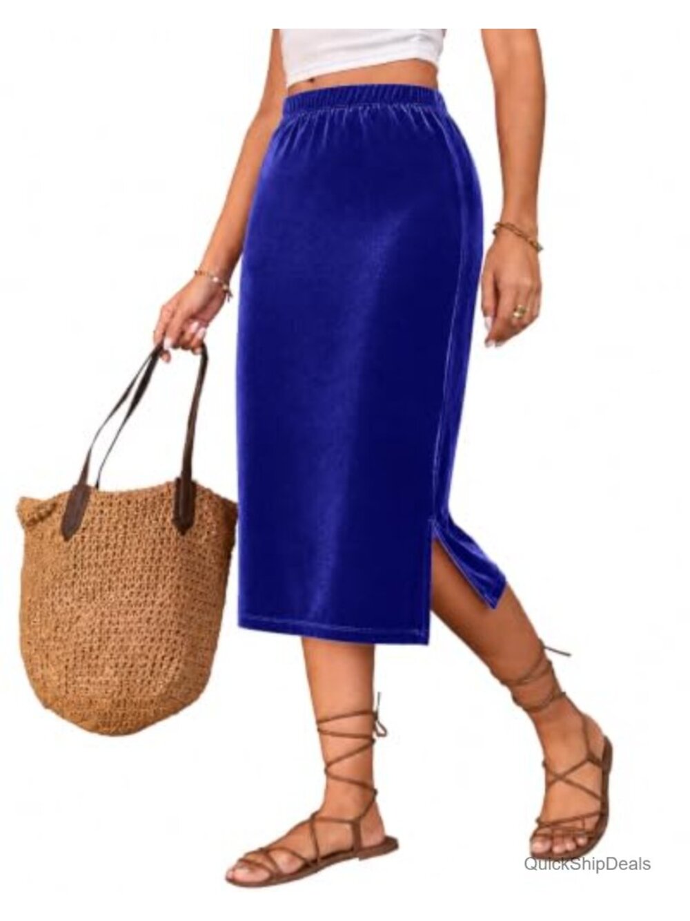 Velvet Midi Skirt High Waist Straight Side Slit Pull-On Women's Fall Winter